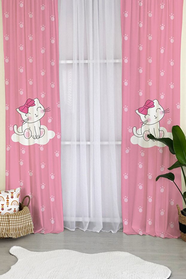 Cloud Cat Pattern Velvet Baby and Kids Room Background Curtain - Pink