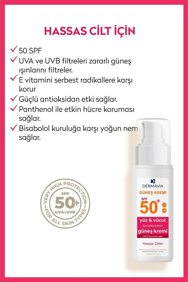 SPF 50+ Hassas Ciltler İçin Yüz ve Vücut Güneş Kremi 100 ml, Yüksek Koruma - 5