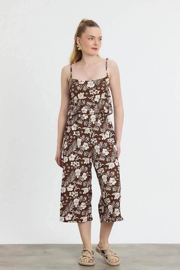 Flower Patterned 6718A Zero Sleeve Jumpsuit Coffee Machine - 1