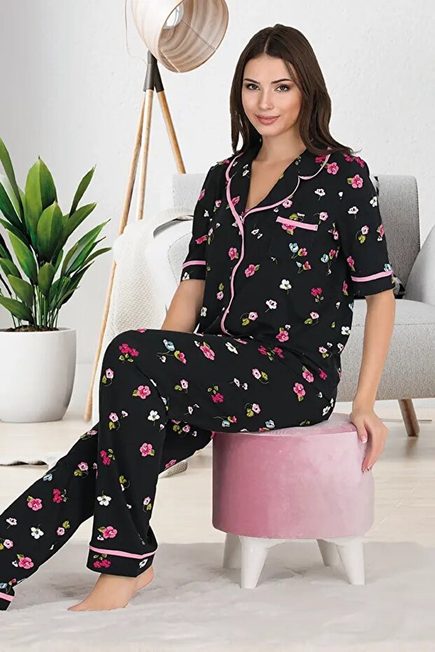 Flower Pattern Buttoned 3-Piece Pajama Set - 1