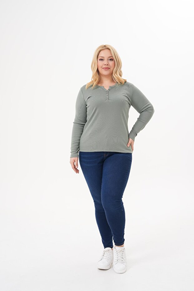Plus Size Button Detailed Cotton Lycra Basic Blouse - 3