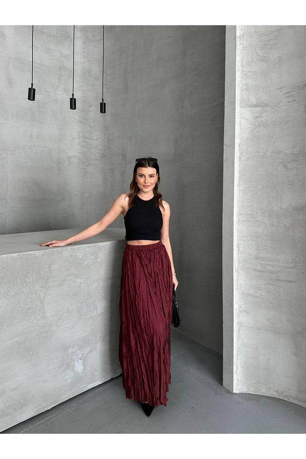 Piliseli Mikro Saten Kırışık Model Maxi Boy Etek - 4