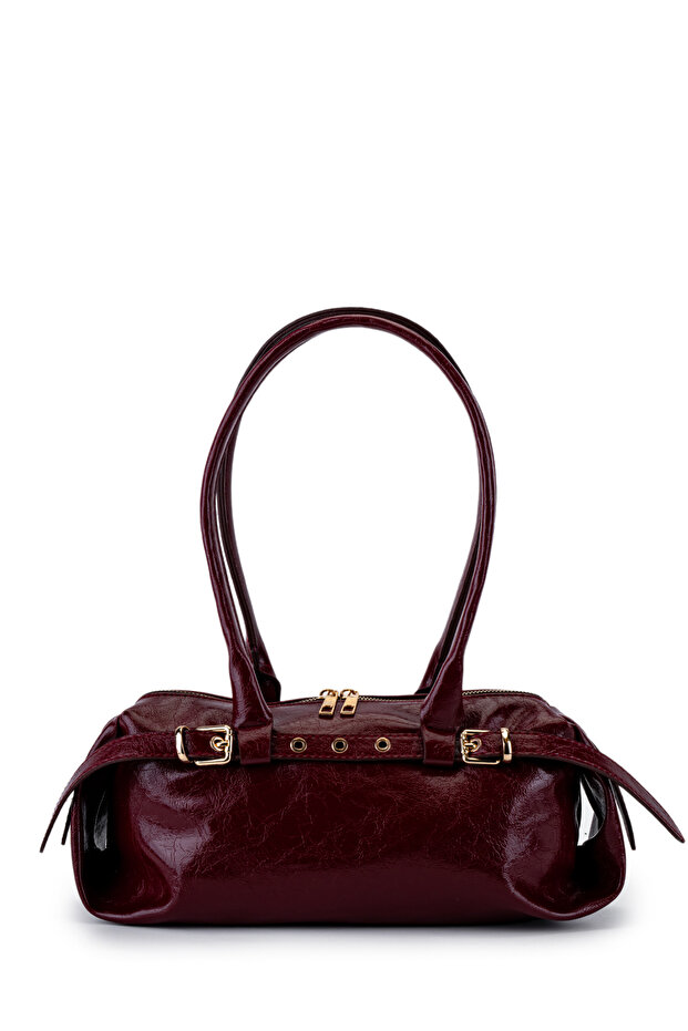 Belt Detailed Patent Leather Faux Leather Shoulder Bag Anfora Claret Red