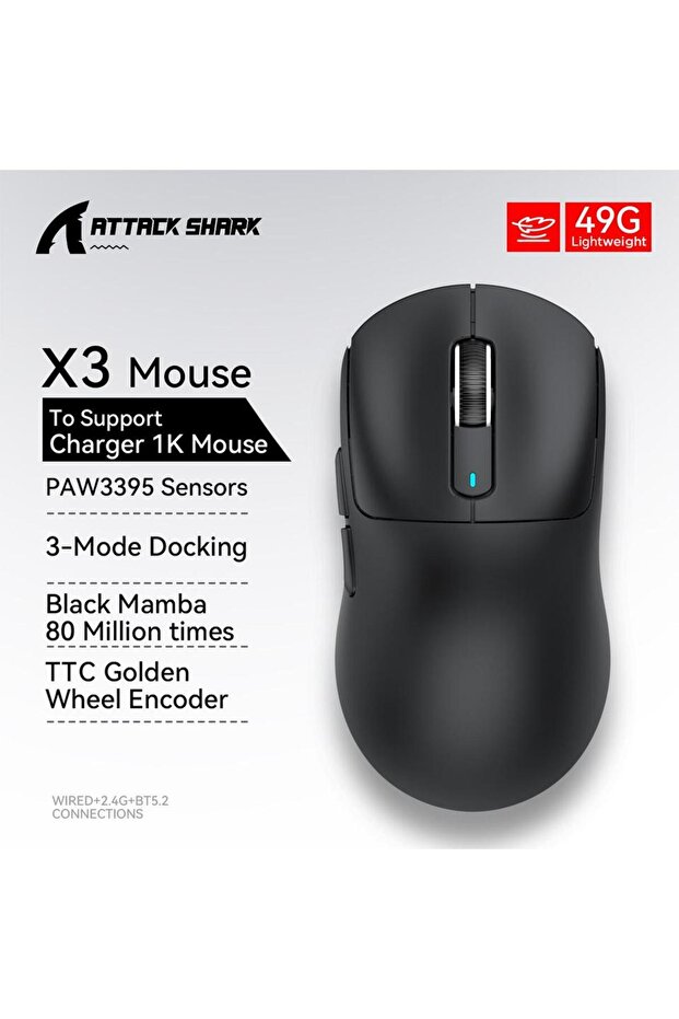 ماوس ATTACK SHARK X3 X3 أسود خفيف لاسلكي بتقنية بلوتوث ثلاثية الأوضاع، PAW3395، ماكرو أزرق