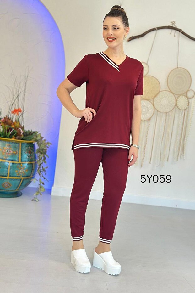 V-Neck Short Sleeve Crystal Fabric Suit 5Y059