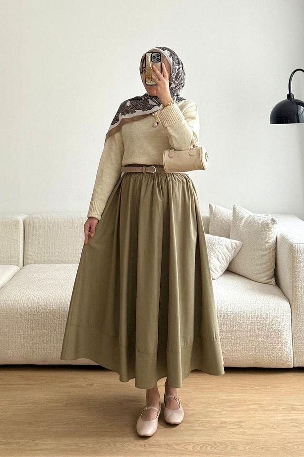 SOFT YEŞİL POPLİN KLOŞ ETEK - 2
