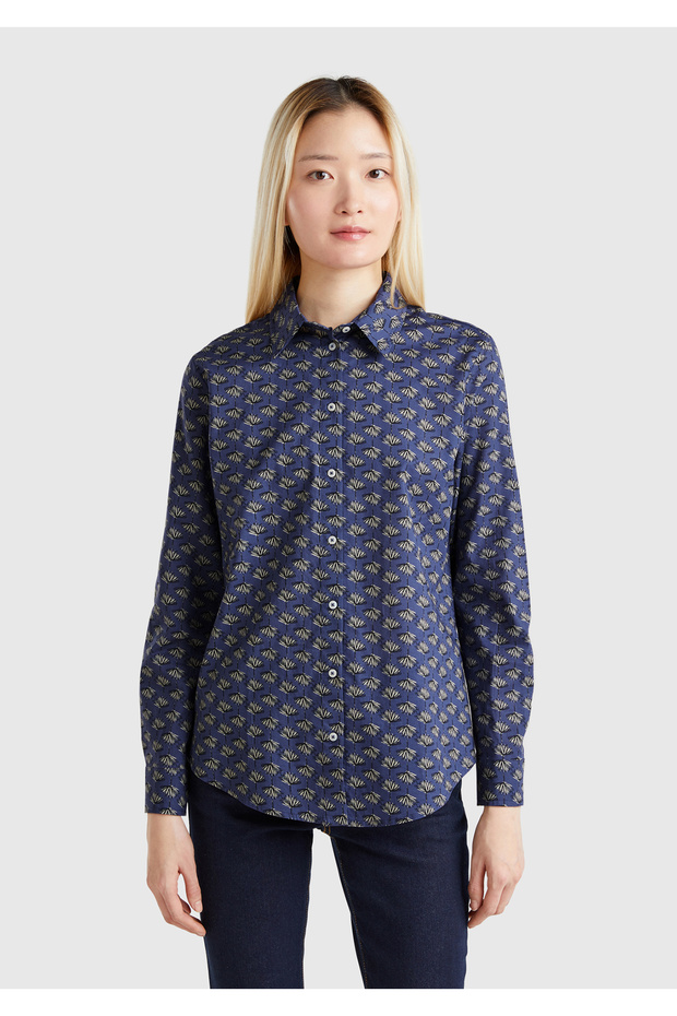 Women's Navy Blue 100% Cotton Patterned Cuffed Regular Fit Muslin Shirt