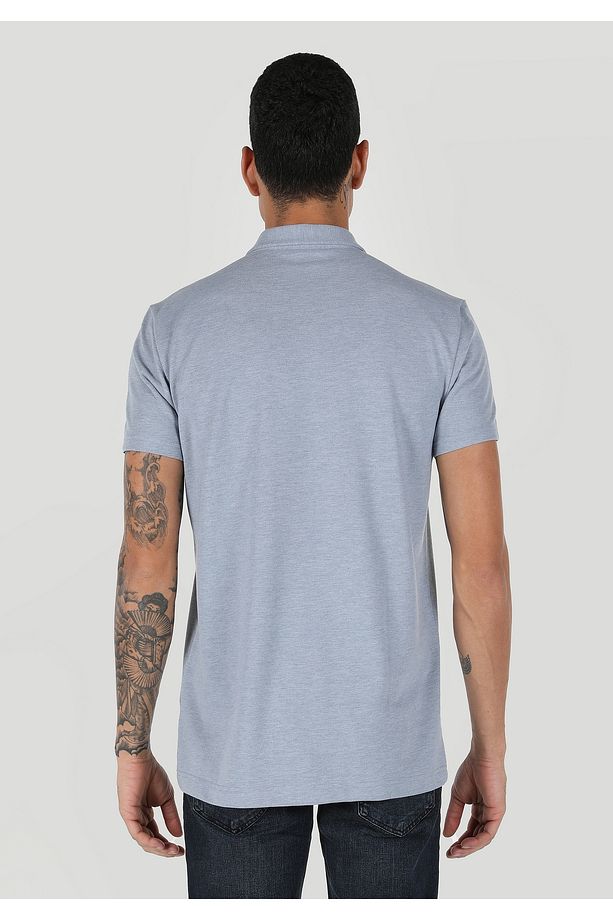 Regular Fit Polo Yaka Düz Erkek Mavi Kısa Kol Tişört - 1