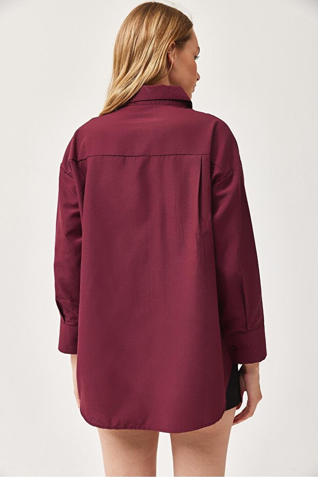 Oversize Basic Gömlek Bordo - 4