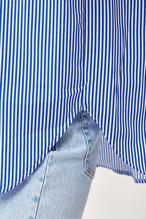 Çizgili Oversize Basic Gömlek Mavi - 3