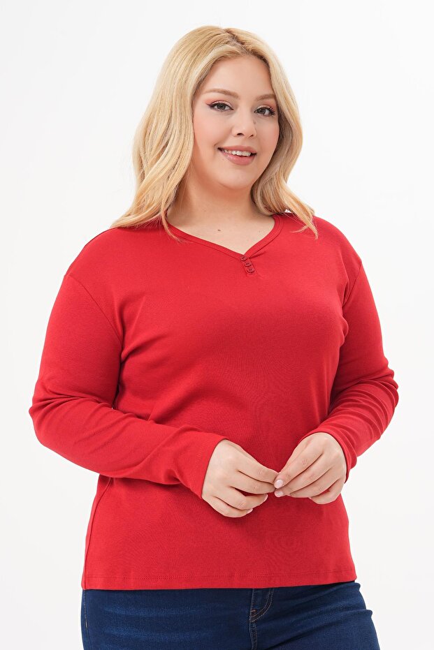 Plus Size Three Button Detailed Cotton Lycra Basic Blouse - 1