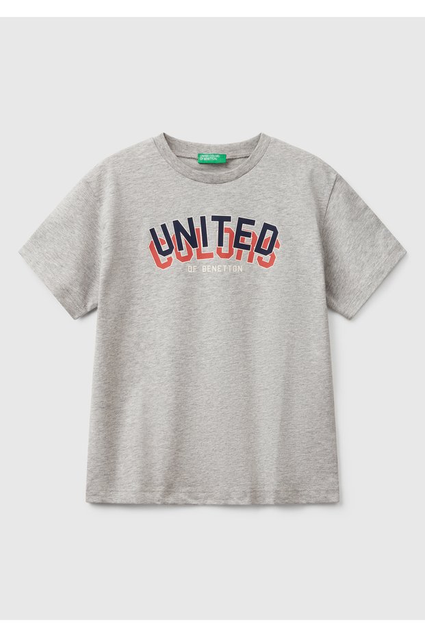 Boy's Gray Melange Benetton Logo Printed T-Shirt