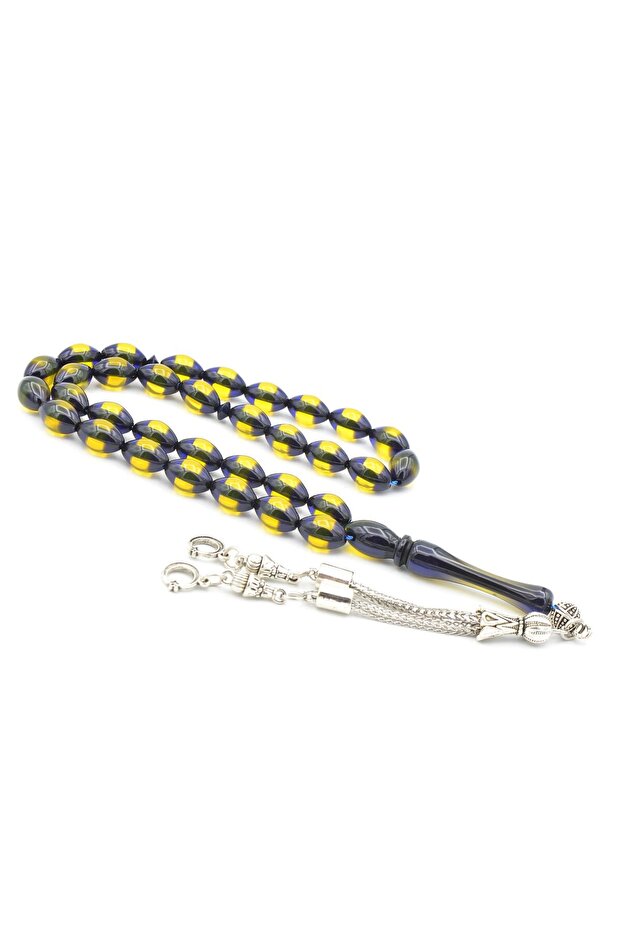 Concise Cut Yellow Navy Blue Sliding Powdered Amber Rosary 002