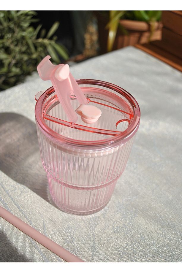 1 Adet Pipetli Sızdırmaz Kapaklı Cam Bardak Pembe Matara - 430 ml - 2