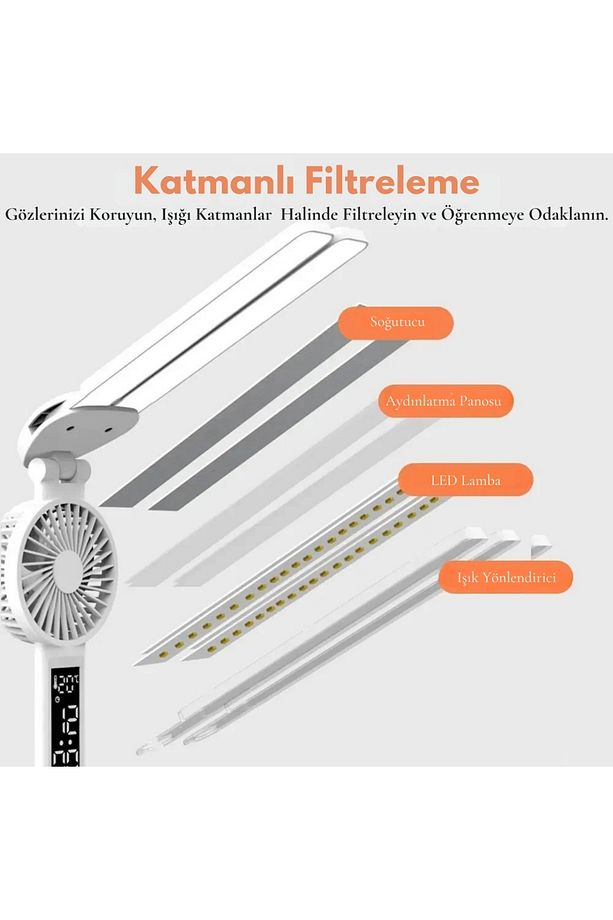 6in1 Fanlı 2Başlı Masa Lambası Saat Takvim Derece Kalemlik Şarjlı Masaüstü Fanlı Şarjlı Işık - 5