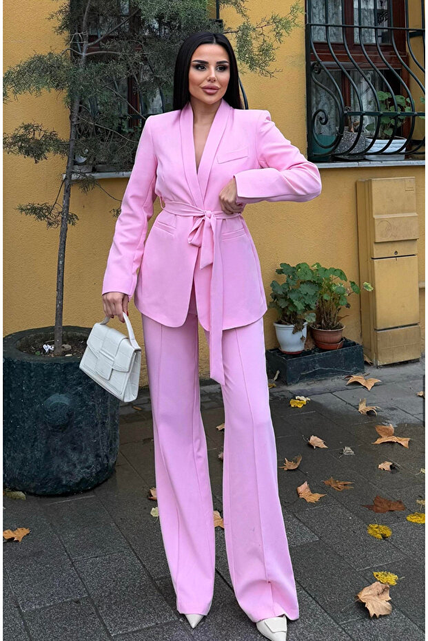 Women's Belted Jacket and Trousers Set Candy Pink