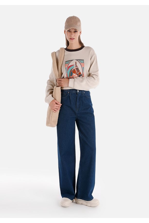 985 Lorı Regular Fit Yüksel Bel Geniş Paça Kadın Mavi Jean Pantolon - 3