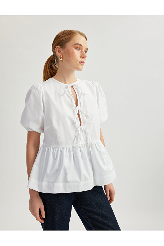 Cotton Front Bow Tie Short Balloon Sleeve Oversize Poplin Blouse