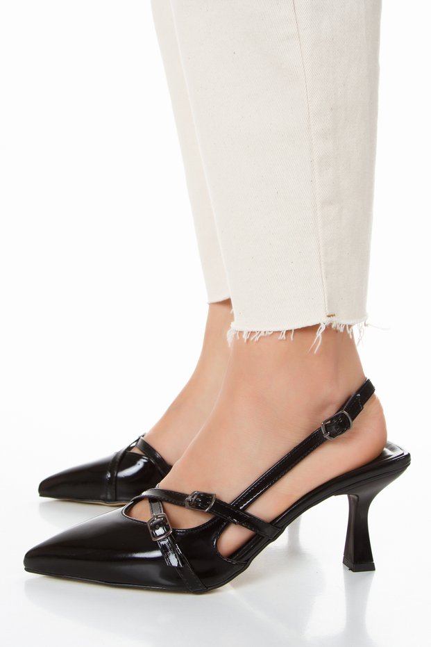 Women's Black Patent Leather Biana Model Double Banded Buckle Detailed Light Classic Heeled Shoes