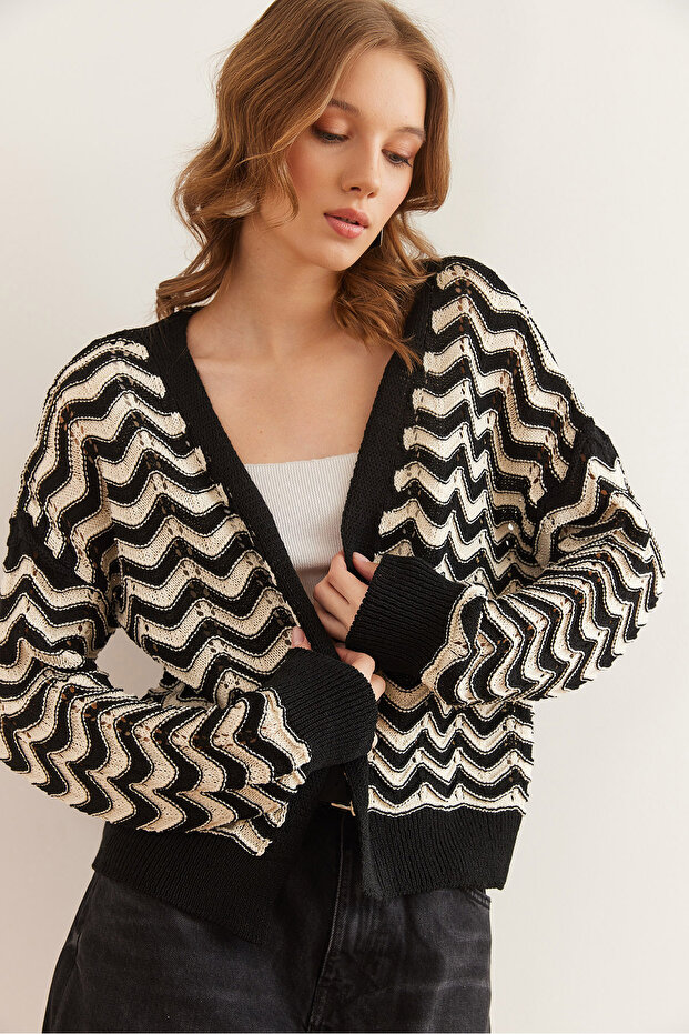 Women's Black Zigzag Patterned Openwork Knitwear Cardigan Hrk- 19000341
