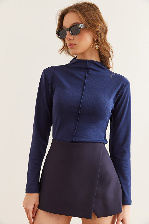 Women's Navy Blue Front Stitching Detail Stand Collar Soft Textured Lycra Blouse Blz- 19002852