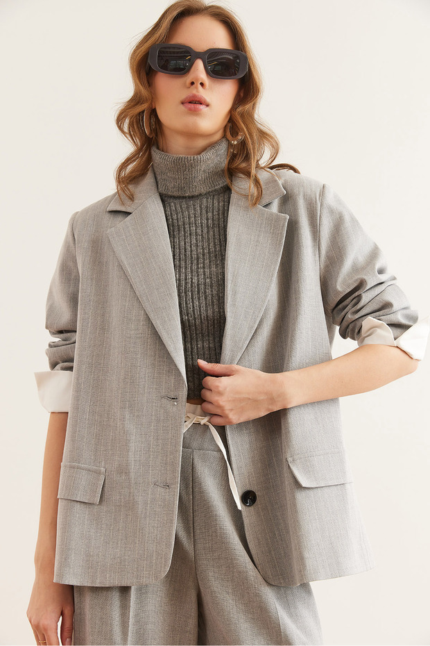 Women's Light Gray Cuff Detailed Fleto Pocket Lined Striped Blazer Jacket Ckt- 19000428