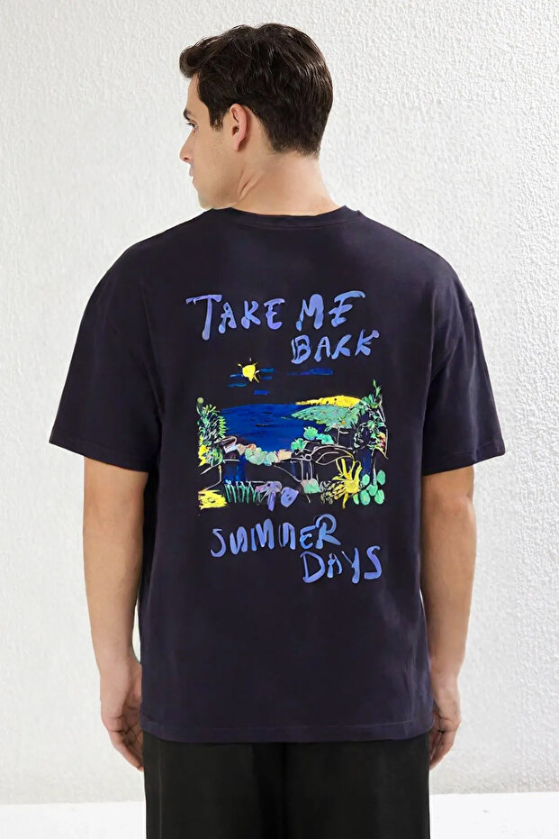 Lacivert 0versize/Geniş Kesim Yazı Baskılı %100 Pamuk T-Shirt TMNSS25TS00064 - 6