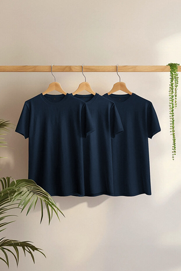 Lacivert 3'lü Paket Slim/Dar Kesim Basic %100 Pamuk Tok Kumaş T-shirt TMNSS19BO0007 - 1