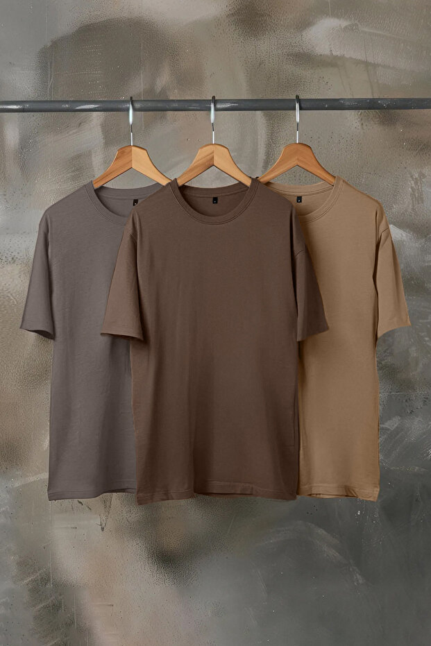 Kahverengi-Bej-Gri Oversize/Geniş Kesim 3'lü Paket %100 T-Shirt TMNSS24TS00026 - 2