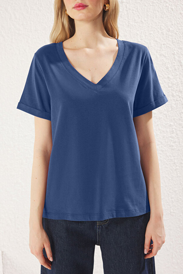 Indigo %100 Süprem V Yaka Kısa Kol Regular/Basic Örme T-Shirt TWOSS25TS00005 - 3