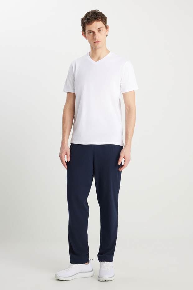 Men's Navy Blue-White Cotton Comfortable V-Neck Waist Elastic Pocket Pajamas Set