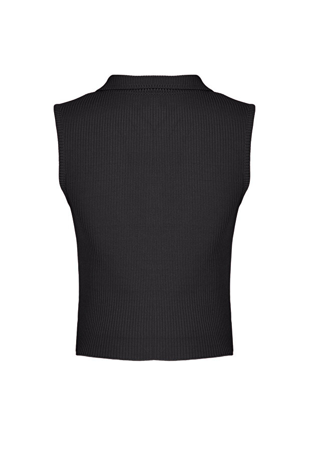 Antrasit Fitted/Vücuda Oturan Polo Yaka Crop Esnek Örme Bluz TWOSS22BZ0335 - 7