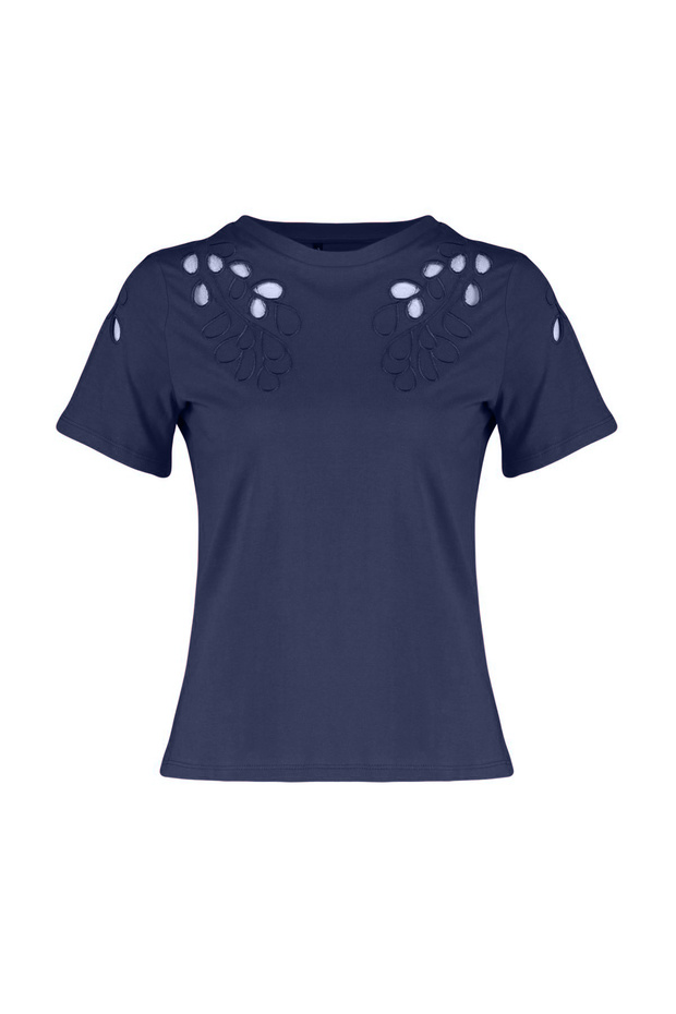 Lacivert Brode Nakışlı Basic/Regular Kalıp Örme T-Shirt TWOSS24TS00069 - 6