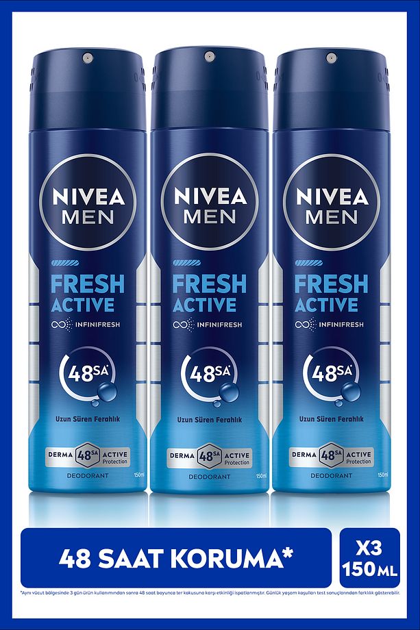 MEN Erkek Sprey Deodorant Fresh Active 150ml, Ter Kokusuna Karşı 48 Saat Koruma, Pudrasız, X3 Adet - 1