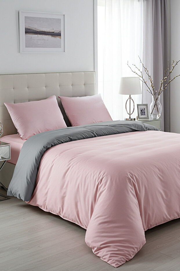 Çift Kişilik Kolay Ütülenebilir Çift Taraflı Gri-Pembe Nevresim Takımı 200x220cm TPHSS25CKN00009 - 1