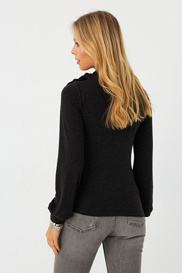 Anthrazitfarbene Damenbluse mit Krawatte MEY2993 - 7