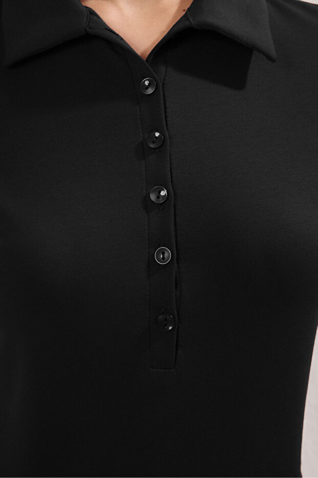 Siyah Polo Yaka Truvakar Kol Fitted/Vücuda Oturan Örme Bluz TWOSS25BZ00027 - 3
