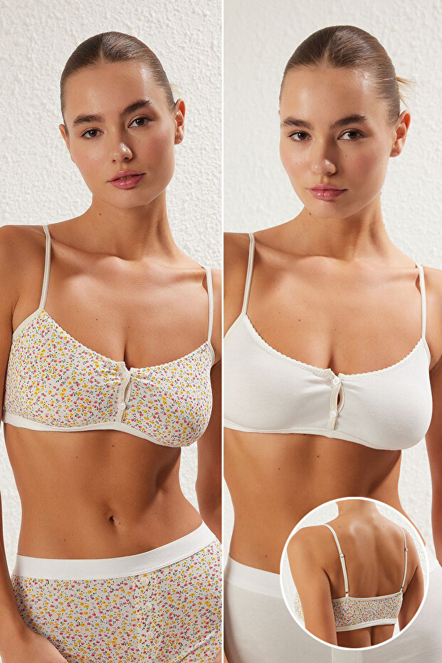 Çok Renkli 2'li Paket Pamuklu Çiçekli Balensiz Kapsız Askılı Bralette Örme Sütyen THMSS25SU00028 - 1