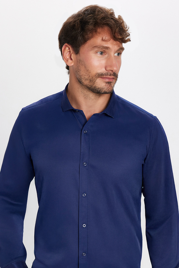 Modern Slim Fit Uzun Kollu Düz Saten Pamuklu Erkek Lacivert Gömlek - 2