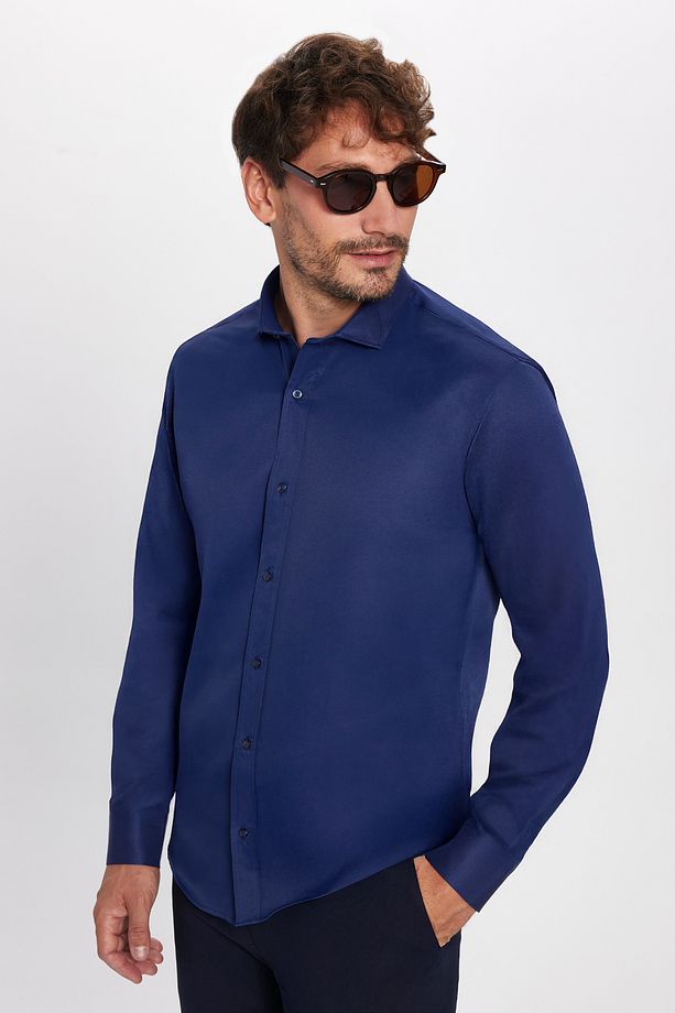 Modern Slim Fit Uzun Kollu Düz Saten Pamuklu Erkek Lacivert Gömlek - 1