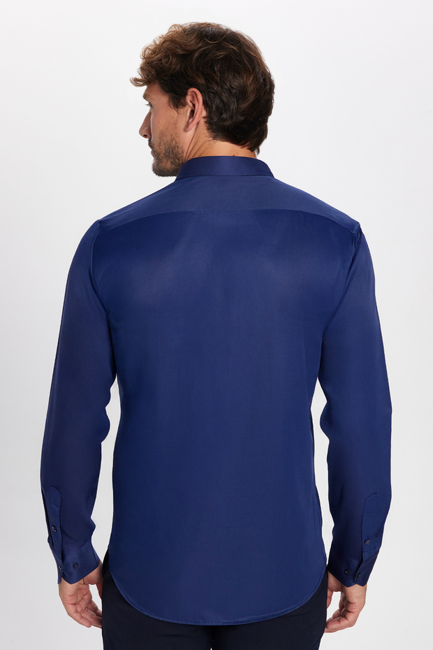 Modern Slim Fit Uzun Kollu Düz Saten Pamuklu Erkek Lacivert Gömlek - 5