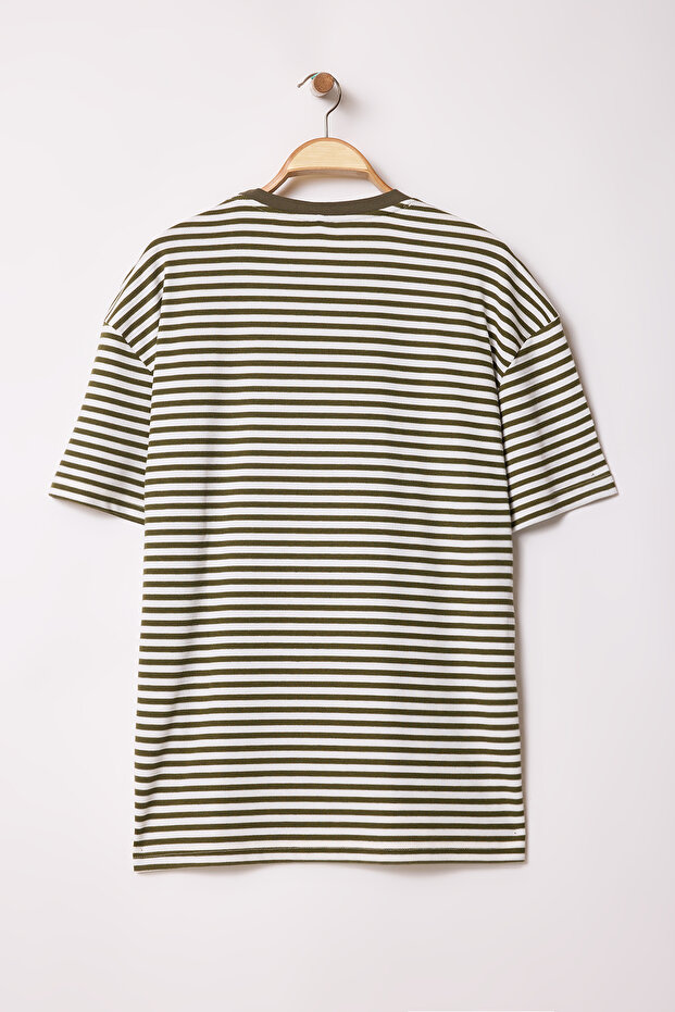 Haki-Ekru Çizgili Oversize/Geniş Kesim Dokulu T-Shirt TMNSS25TS00081 - 6