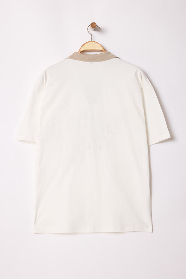 Ekru Oversize/Geniş Kesim Özel Nakışlı Polo Yaka T-shirt TMNSS25PO00030 - 6