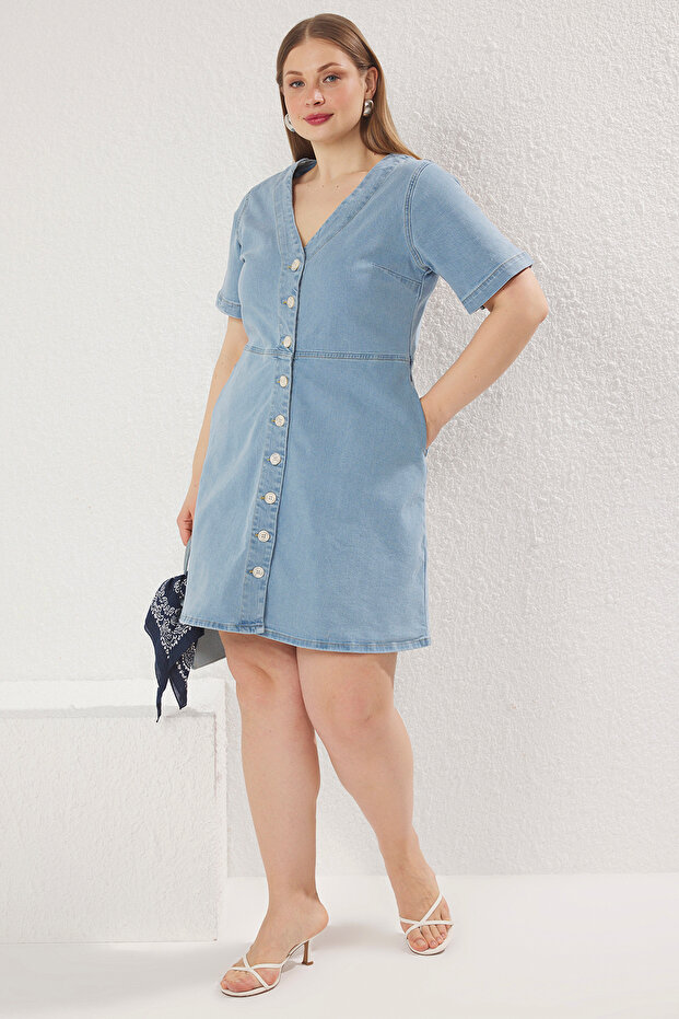 Açık Mavi A Line V Yaka Denim Elbise TBBSS23AH00078 - 1
