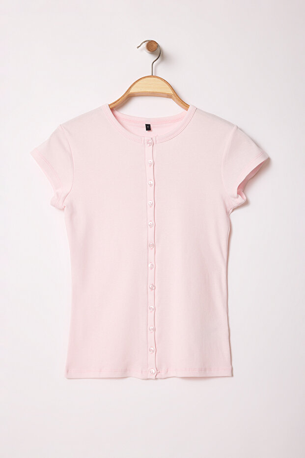 Pembe Düğmeli Fitted/Vücuda Oturan Örme Bluz TWOSS25BZ00281 - 5