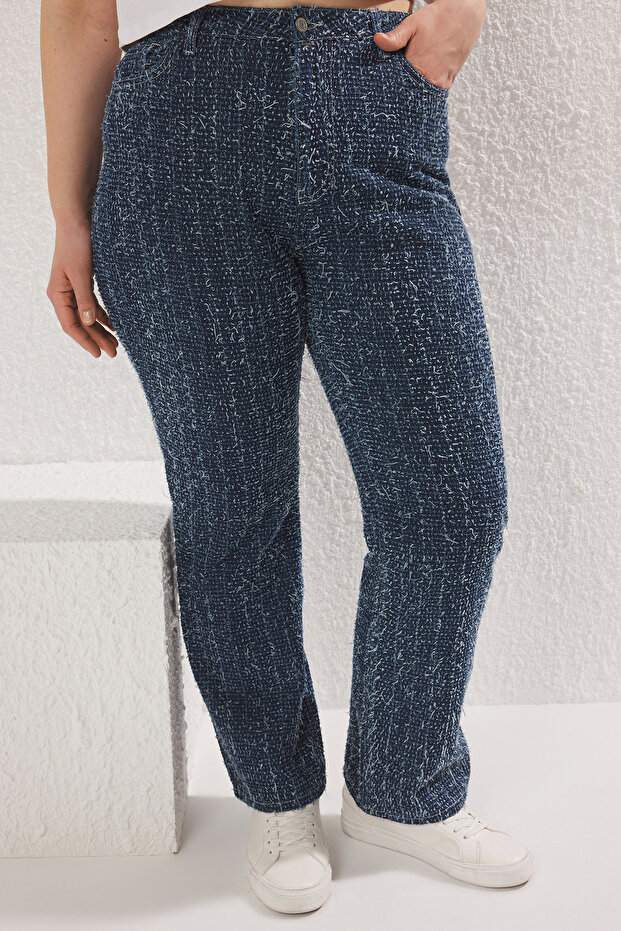 Mavi Yüksek Bel Dokulu Straight Fit Büyük Beden Jeans TBBSS25CJ00020 - 3
