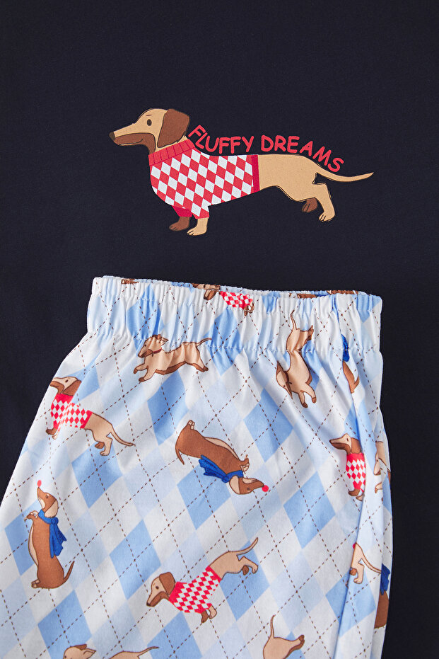 Lacivert Family Regular Fit Köpek Baskılı Örme Pijama Takımı TMNSS25PT00066 - 3