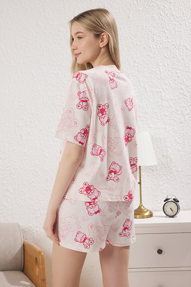 Pembe %100 Pamuklu Ayıcıklı Şortlu Örme Pijama Takımı THMSS25PT00367 - 5