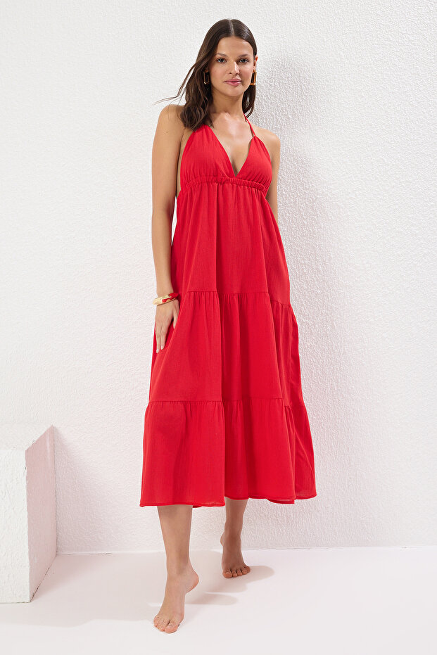 Kırmızı Örme Maxi Plaj Elbise TBESS25EL00099 - 2