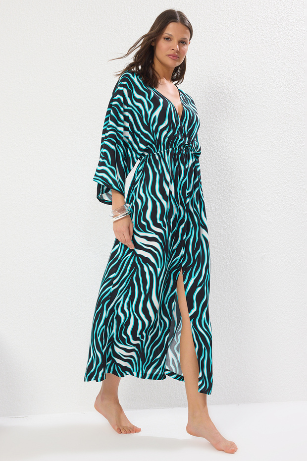 Zebra Desenli Dokuma Büzgülü Maxi Plaj Elbise TBESS25EL00083 - 1